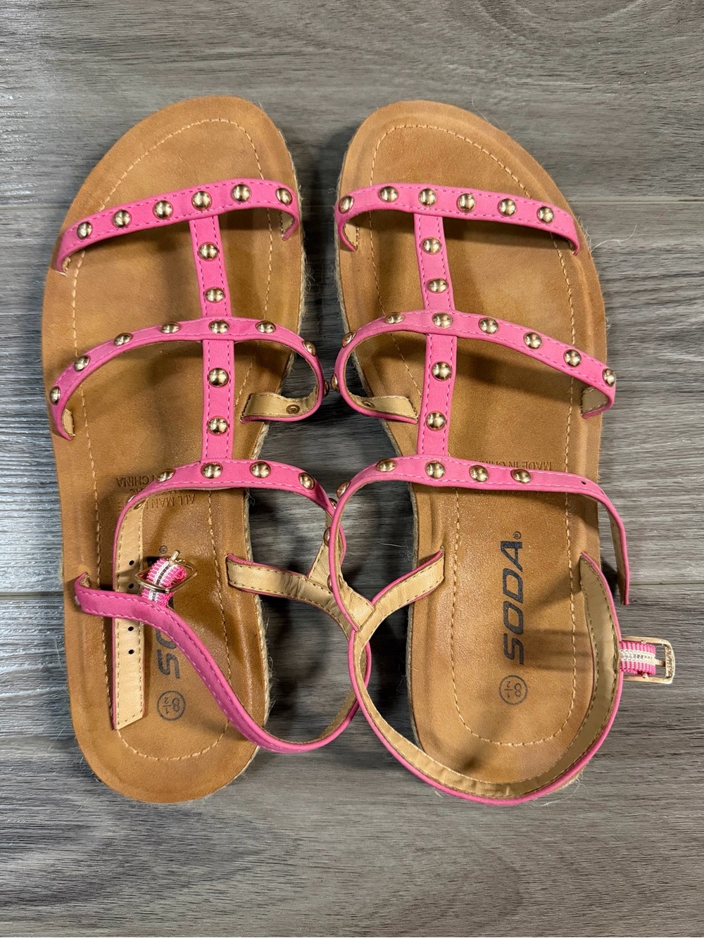 Soda Pink Studded T-Strap Flat Sandals